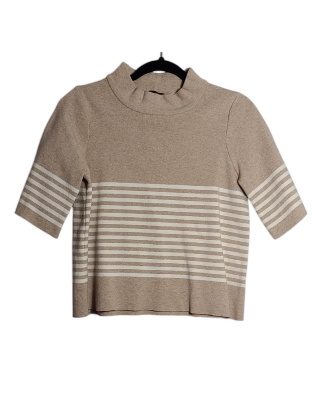 ROLLEE Wide Short Sleeve Tan with Cream Stripes Mock Neck Sweater Size Medium